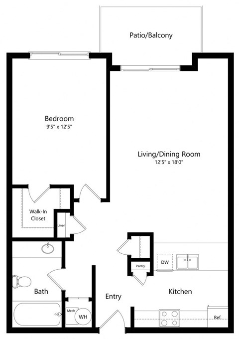 Floor plan for 1 bed, 1 bath, 653 sqft